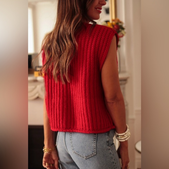 Betsy- fiery red solid textured knit side pockets buttoned up sweater - Picture 3 of 3